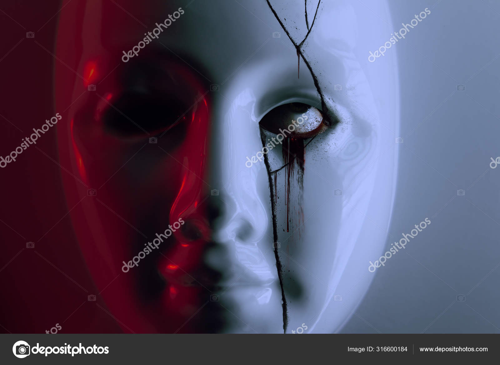 Horror scary plastic mask with bleeding eye. Stock Photo by